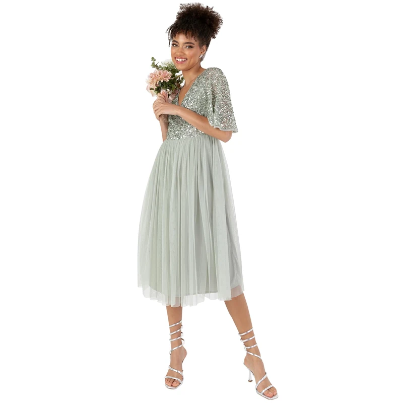 Maya Deluxe Ladies Midi Dresses for Women Embellished V Neck Flutter 3/4 Sleeve Sequins Wedding Guest Prom Graduation Green Lilly Size 26