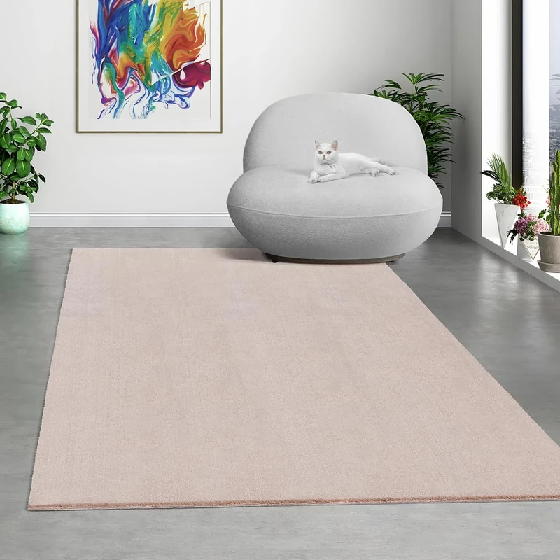 Mias Teppiche Comfort Modern Fluffy Short-Pile Carpet, Anti-Slip Backing, Washable up to 30 Degrees, Super Soft, Faux Fur Look, Blush, 160 x 220 cm
