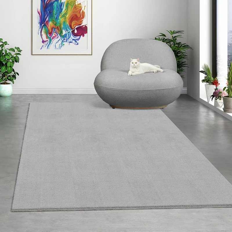 Mias Teppiche Comfort Modern Fluffy Short-Pile Carpet, Anti-Slip Backing, Washable up to 30 Degrees, Super Soft, Faux Fur Look, Grey, 160 x 220 cm