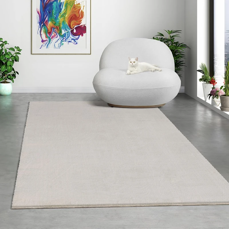 Mias Teppiche Comfort Modern Fluffy Short-Pile Carpet, Anti-Slip Backing, Washable up to 30 Degrees, Super Soft, Faux Fur Look, Beige, 160 x 220 cm