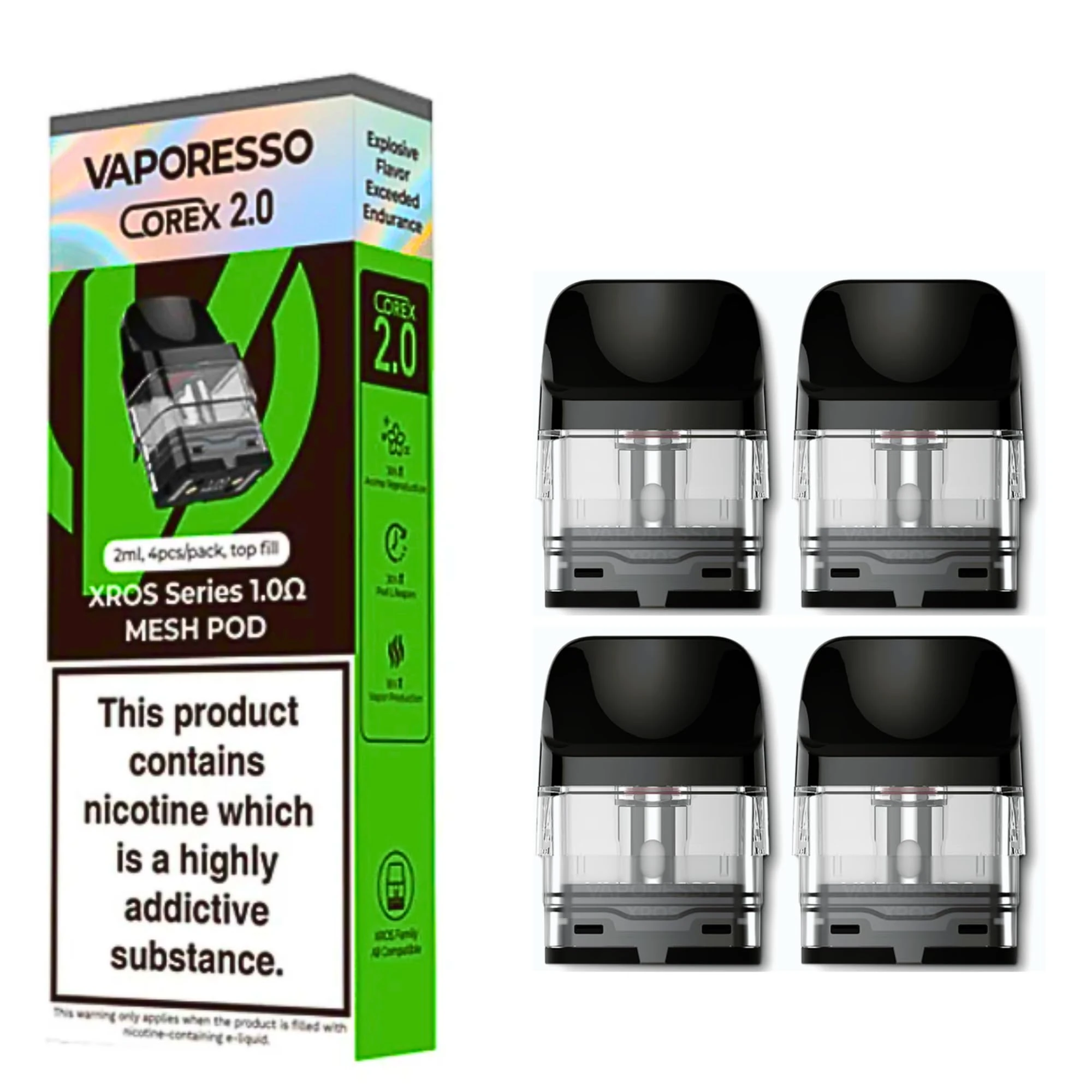 Vaporesso Xros 2 Pods (1.0) Compatible with Vaporesso Xros Pod Kits - Pack of 4 Corex 2.0 Pods - 2ml No Nicotine (1.0 ohm)