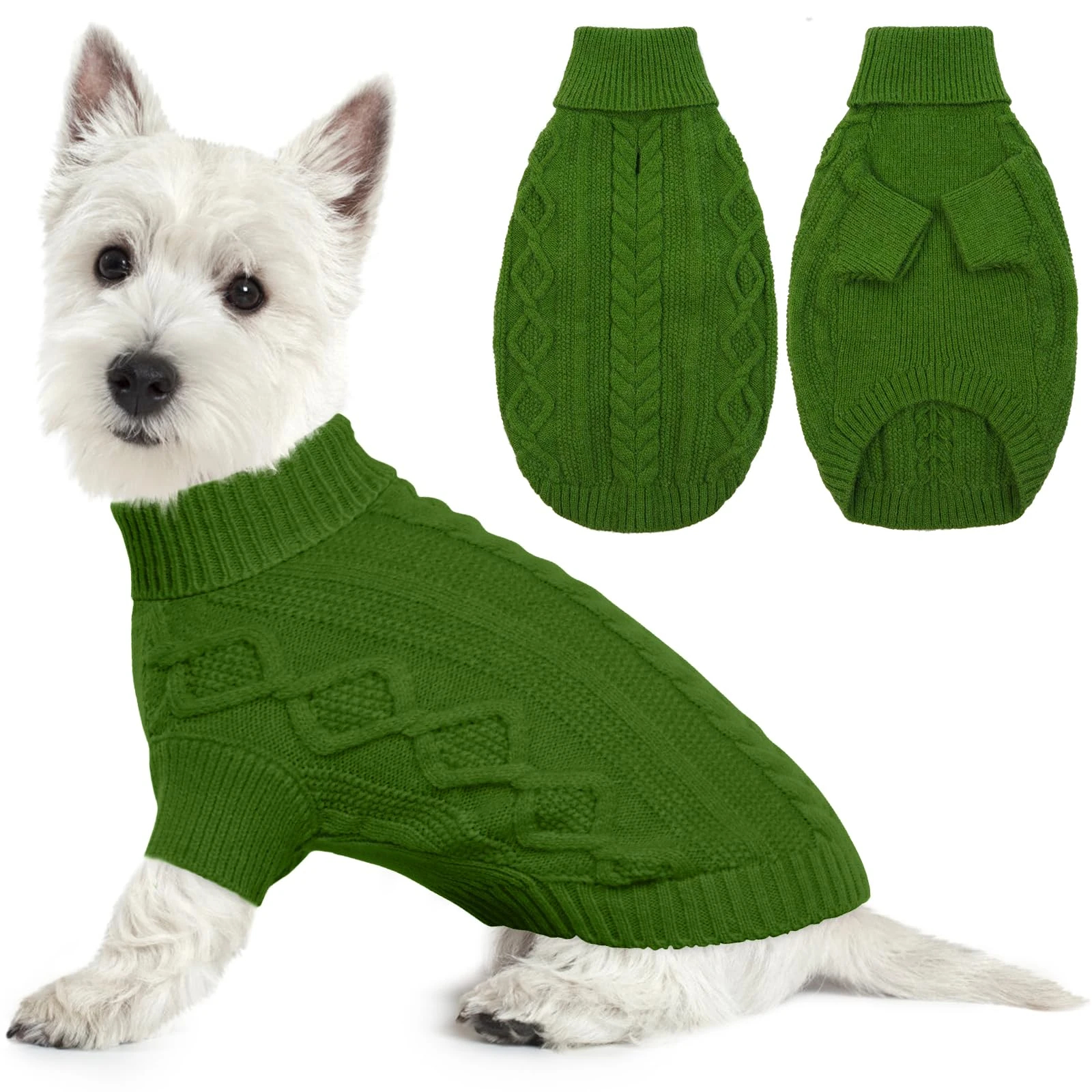 LeLePet Dog Jumpers Winter Dog Pullover, Knitted Warm Turtleneck Dog Christmas Sweater for Cold Weather, Soft Dog Knitwear for Small Dogs Boys Girls Pet Vest Outfit Cat Sweater, Green, XS
