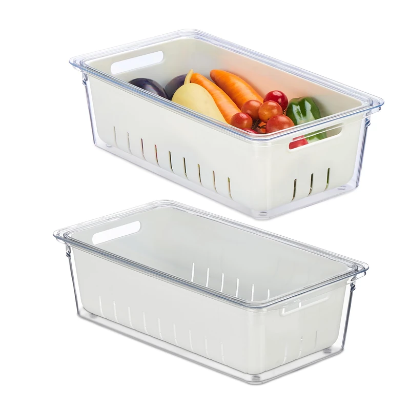 Relaxdays 2X Fridge, Stackable, Draining Basket, Food Organiser with Lid, 10 x 32 x 17.5 cm, Transparent/White