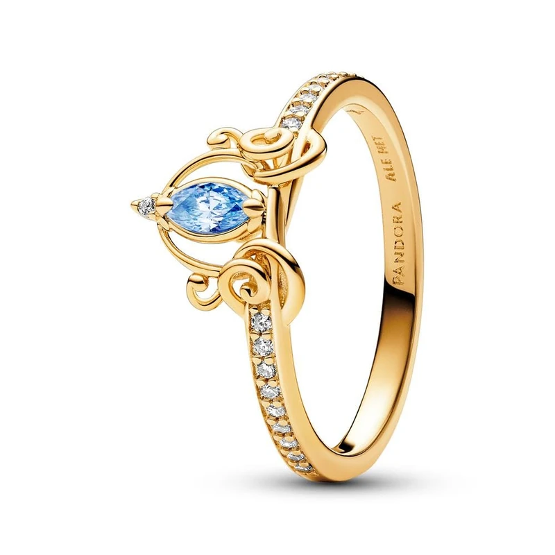 Pandora Disney Cinderella 14k gold-plated ring with clear and fancy light blue cubic zirconia, 50
