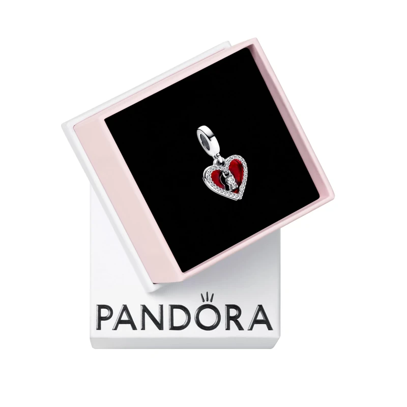 Pandora Moments Padlock heart sterling silver double dangle with clear cubic zirconia and red enamel