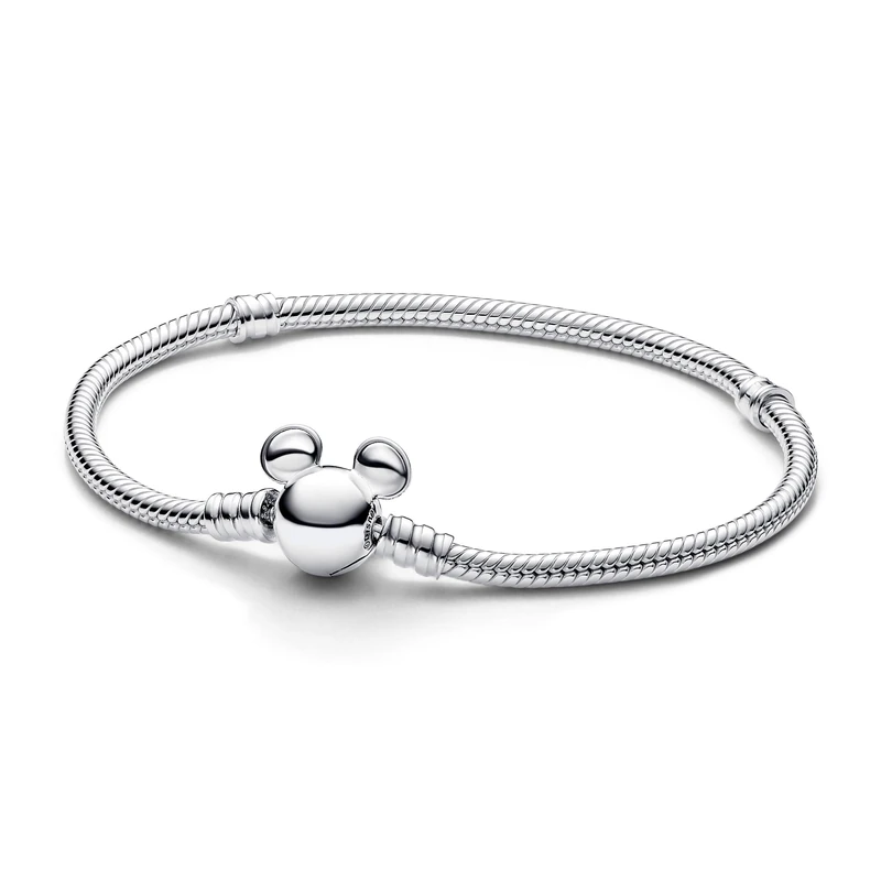 Pandora Disney snake chain sterling silver bracelet with Mickey Mouse clasp, 21