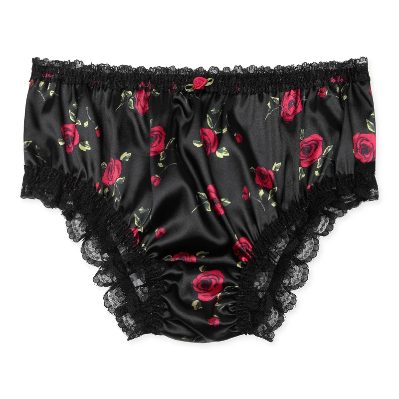 Satini Women's Satin Frilly Lace Sissy French Knickers Briefs Panties (Black - Red Roses, XL)