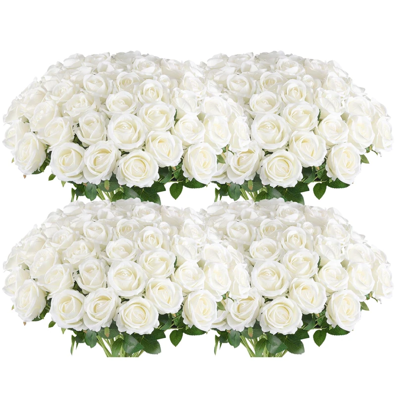 Hananona 50 Pcs Artificial Roses Flowers for Flower Arrangement, Silk White Rose Bouquet for Home Decoration, Faux Roses for Valntine's Day Parties and Wedding Decoration (50, White)