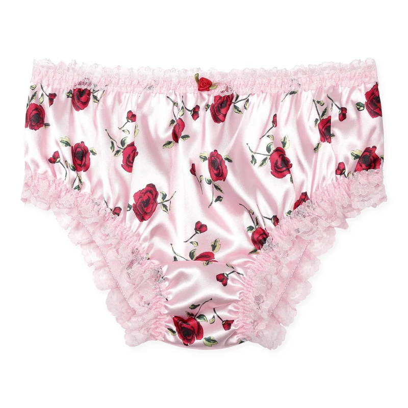 Satini Women's Satin Frilly Lace Sissy French Knickers Briefs Panties (Baby Pink - Red Roses, XL)