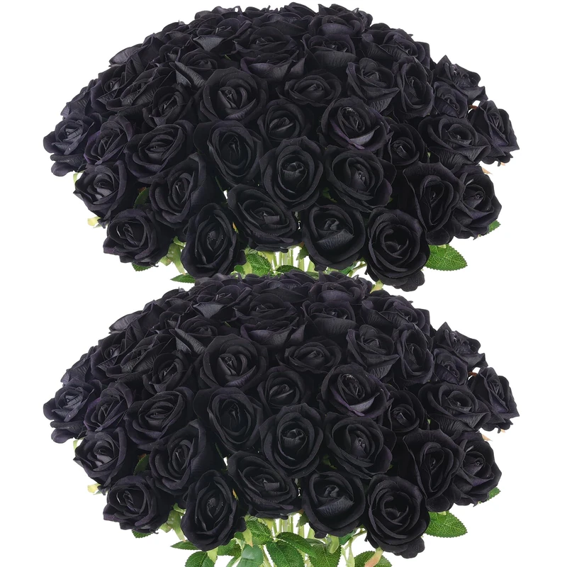 Hananona 50 Pcs Artificial Roses Flowers for Flower Arrangement, Silk Black Rose Bouquet for Home Decoration, Faux Roses for Halloween Parties and Wedding Decoration (50, Black)