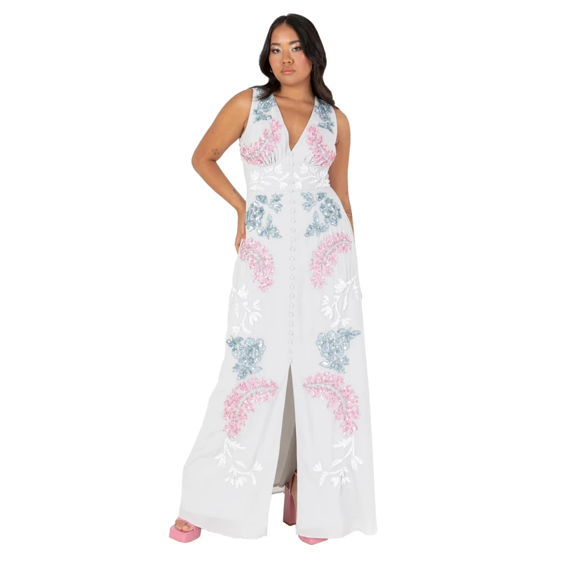 Maya Deluxe Women's Women's Ladies Maxi Dress V-Neckline Sleeveless Floral Sequin Embellished Button Front Slit for Wedding Guest Occasion Dress, Glacier Grey, - Image 1