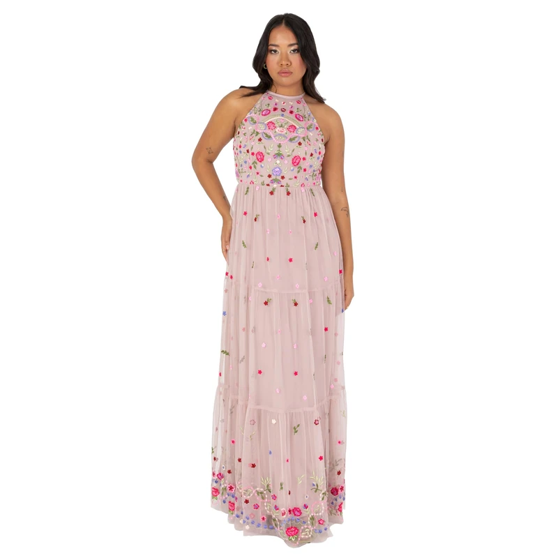 Maya Deluxe Women's Ladies Maxi Dress Sleeveless Halterneck Tiered Floral Embroidered A-line for Wedding Guest Evening Ball Gown Frosted Pink 18