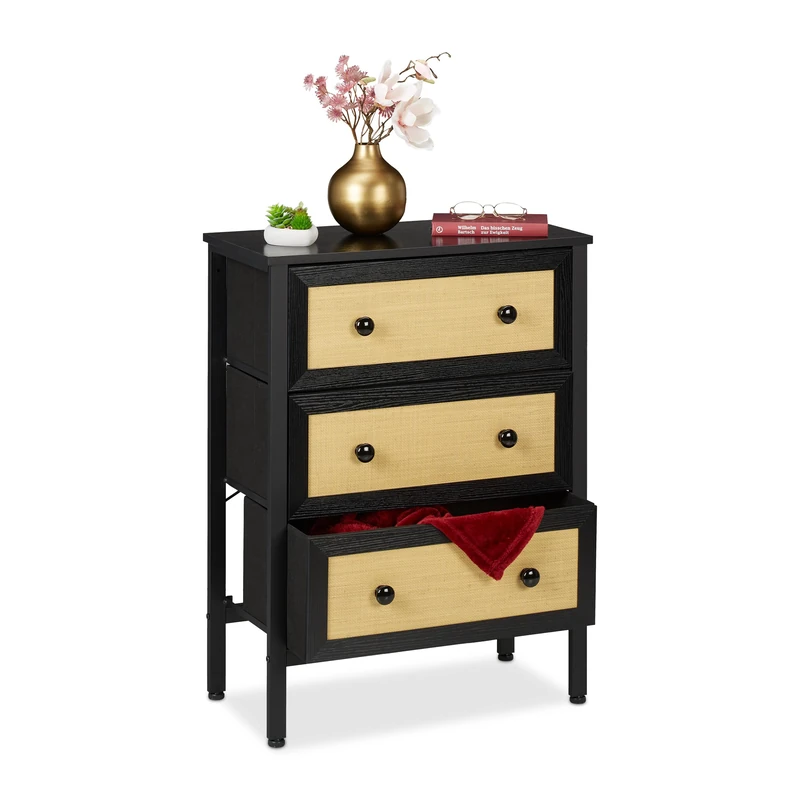 Relaxdays Chest, HxWxD: 82.5 x 62 x 30 cm, 3, MDF & Steel, Drawer Cabinet, Dresser, Black/Beige