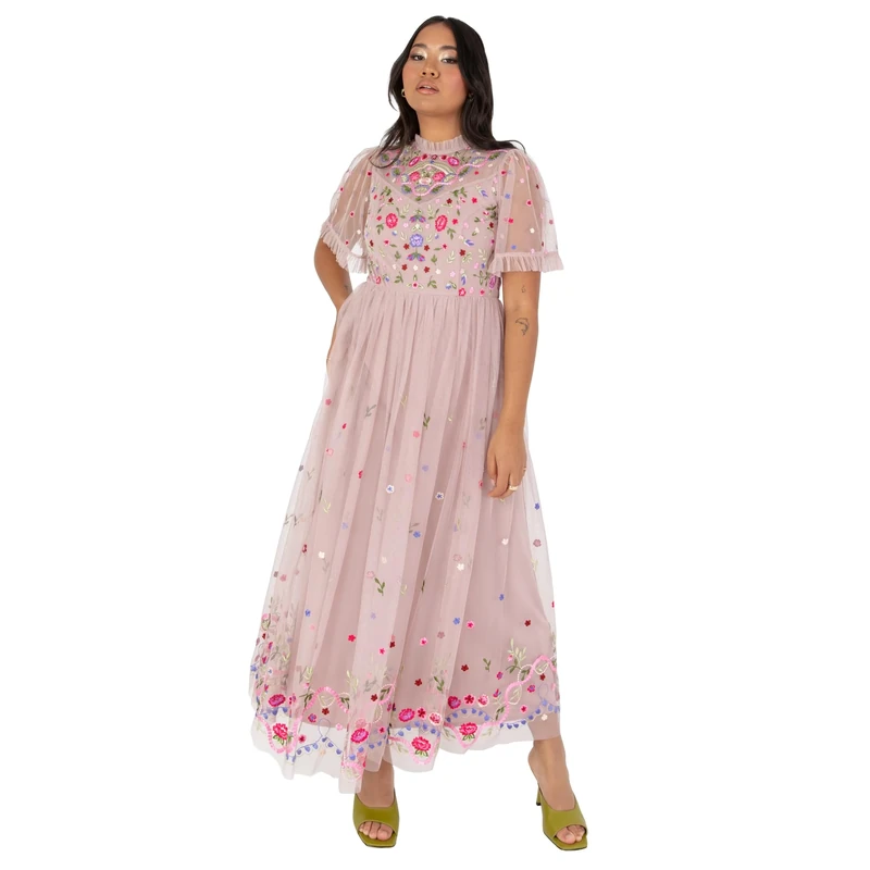 Maya Deluxe Women's Ladies Midaxi Dress Short Sleeve Ruffle High Neck Embroidered A-line for Wedding Guest Occasion Prom Ball Gown, Frosted Pink, 12