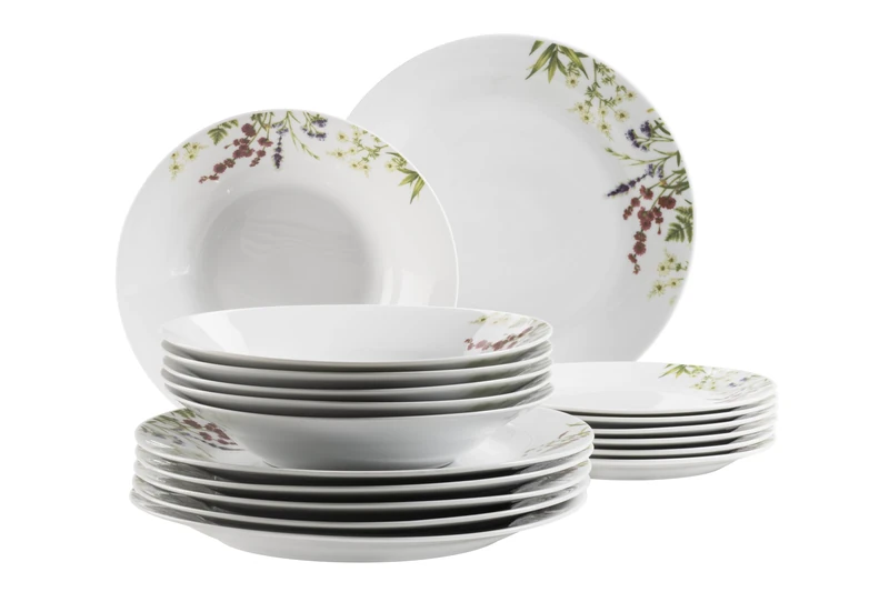 Mäser Herbal Garden 18 Piece Plate Set for 4 People with Detailed Flower Decor White Porcelain Dinner Plates Plates Dessert Plates - Image 1