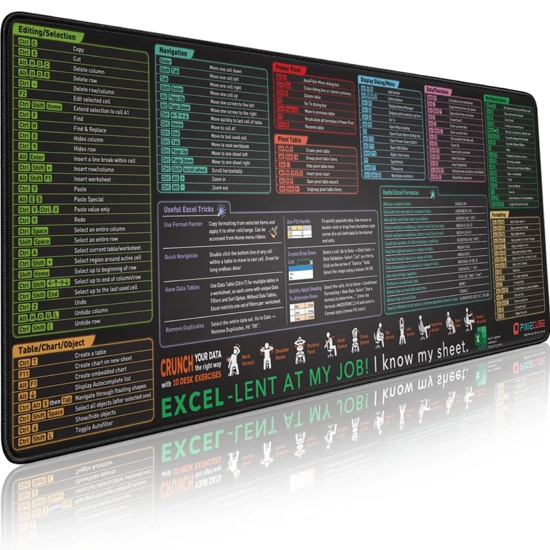 Pixiecube Excel Shortcut Keys Mouse Pad - Extended Large XL Cheat Sheet Gaming Mousepad | PC Office Spreadsheet Keyboard Mat | Non-Slip Stitched Edge