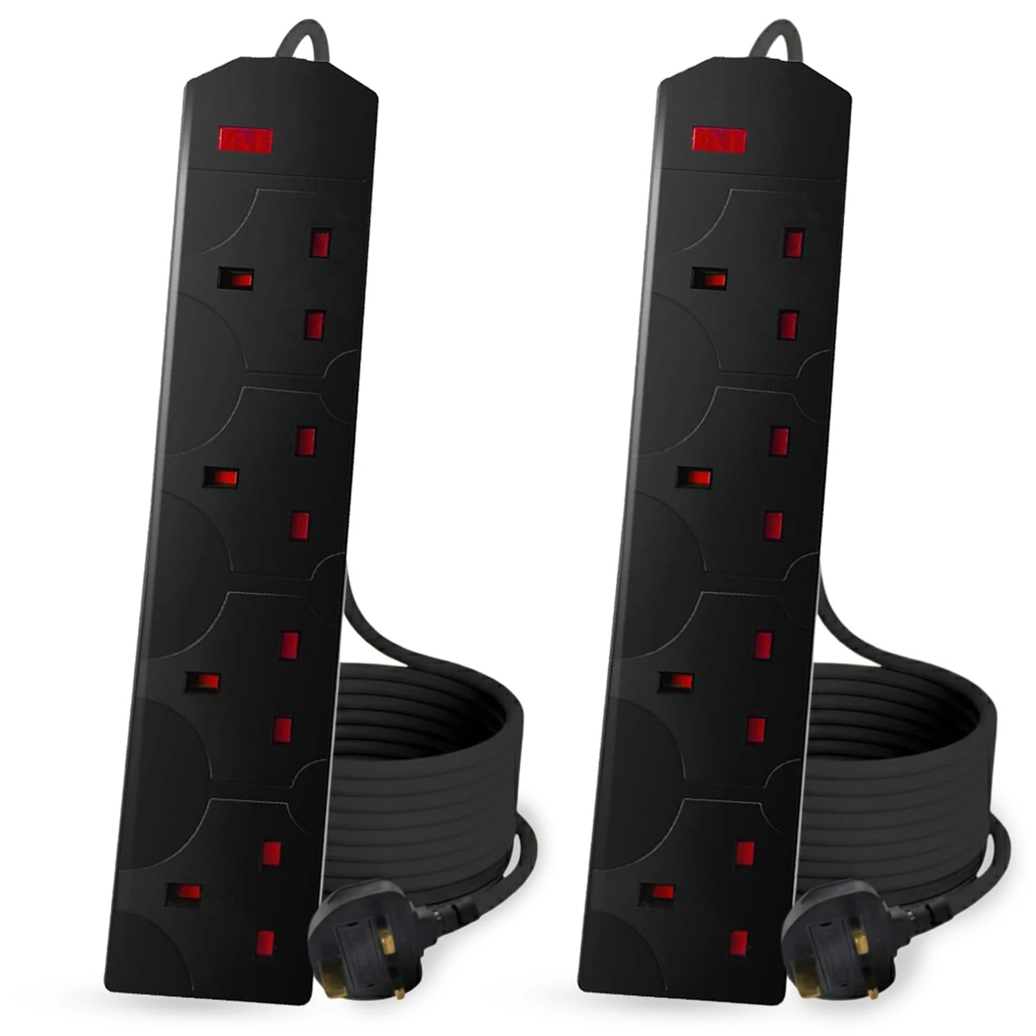 Roe Tenpo 4 Gang 2 Metre Extension Lead UK Pin Plug And Cable | 250v Power Adapter Multi Plug Extension Socket Strip For Home And Office | Wall Mountable Extension Cable (Black - 2 Pack)