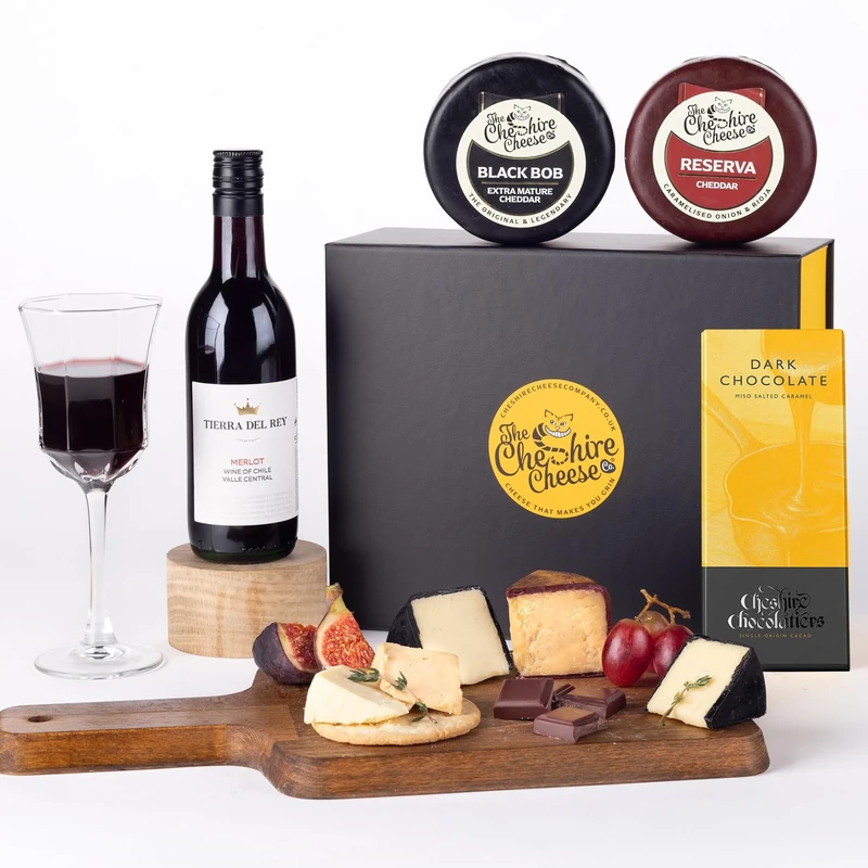 Indulgent Cheese, Wine and Chocolate Gift Set | Includes 2 Award Winning Cheeses, 1 Pump Street Co. Chocolate bar, bottle of Merlot Red Wine from Cheshire Cheese Company