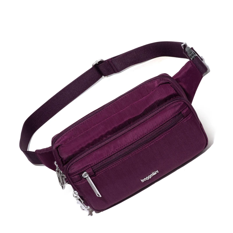 Baggallini Women's Securtex Anti-Theft Belt Fanny Pack RFID Wallet Locking Zipper-Travel Bag Crossbody Purse, Mulberry, One Size