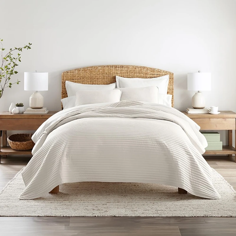 Linen Market Quilts Queen Stripes Stitch Natural