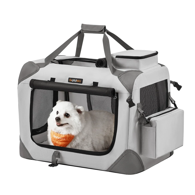Feandrea Foldable Pet Carrier Bag, Portable Dog Travel Crate, Soft Sided Dog Cat Pet Travel Carrier Large Dog Crate for Car with Breathable Mesh Storage Pockets, 60 x 42 x 42 cm, Smoke Grey PDC060G02