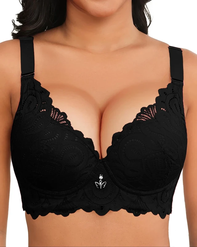Svmer Push Up Lace Bra for Women Underwire Plus Size Comfortable Brassiere Black 46DD