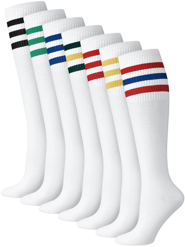 Breathffy 7 Pairs Retro Striped Tube Socks White over the Calf Tube Hoses Men Knee High Striped Athletic Socks for Men, Size 10-13, Multicolor, Bright Color, 9-13 UK - Image 1