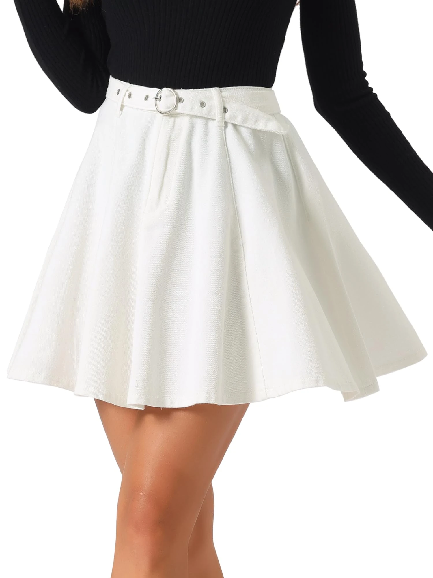 Allegra K Women's Jean Vintage High Waist with Belt Party Mini Skater Denim Skirts White-01 M