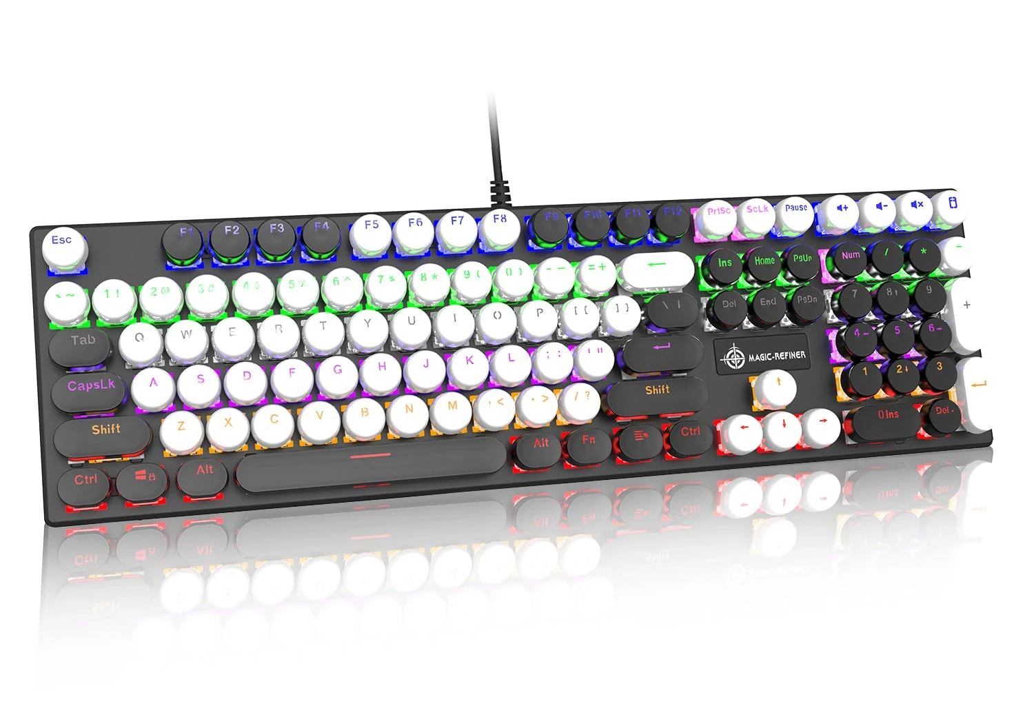 LexonElec Wird Mechanical Gaming Keyboard，Full Size 108 Keys Anti-ghosting Punk USB Keyboard with Typewriter Round Keycap, Retro Black/White Color, Red Switch,18 RGB Rainbow Lighting for PC Gamer