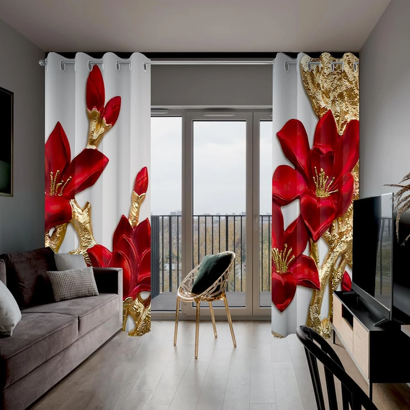 Red Floral Blackout Curtains 84 inch Length 2 Panel Set 42x84,3D Print Emboss Flower Red and Gold Luxury Pattern Print Room Darkening Thermal Insulated Drapes Window Curtains for Bedroom Living Room