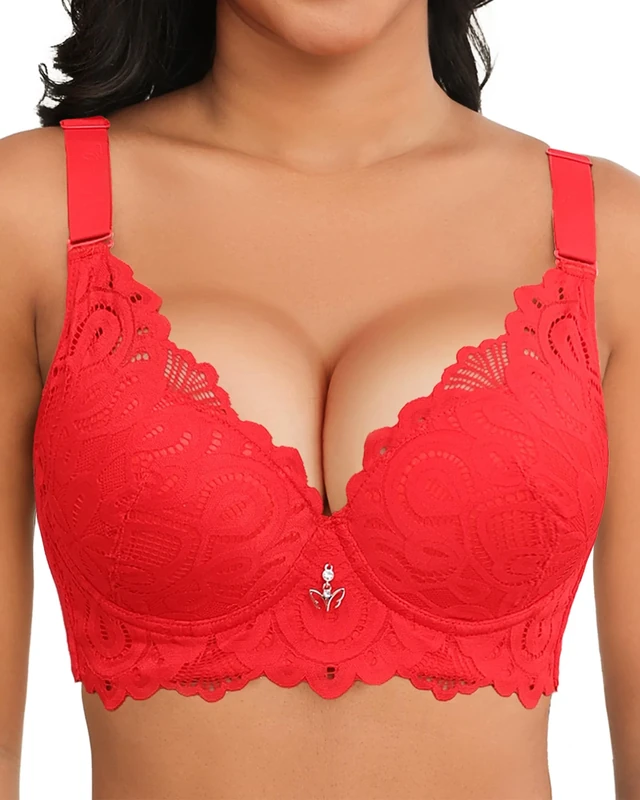 Svmer Push Up Lace Bra for Women Underwire Plus Size Comfortable Brassiere Red 46DD