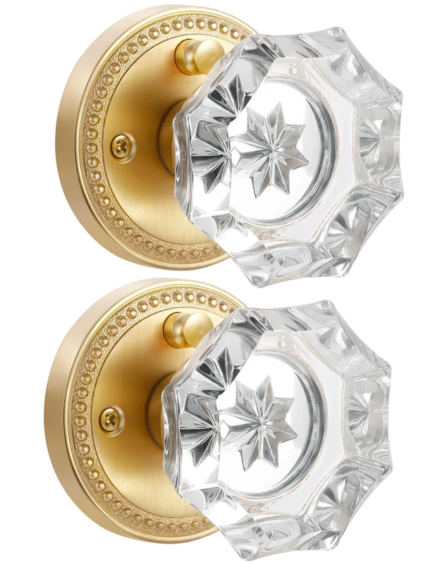 SORWDUERM Gold Door Knobs Crystal Door Knob Interior Satin Brass Privacy Brushed Gold Door Knob for Bedroom and Bathroom Glass,Zinc Alloy 2 Pack