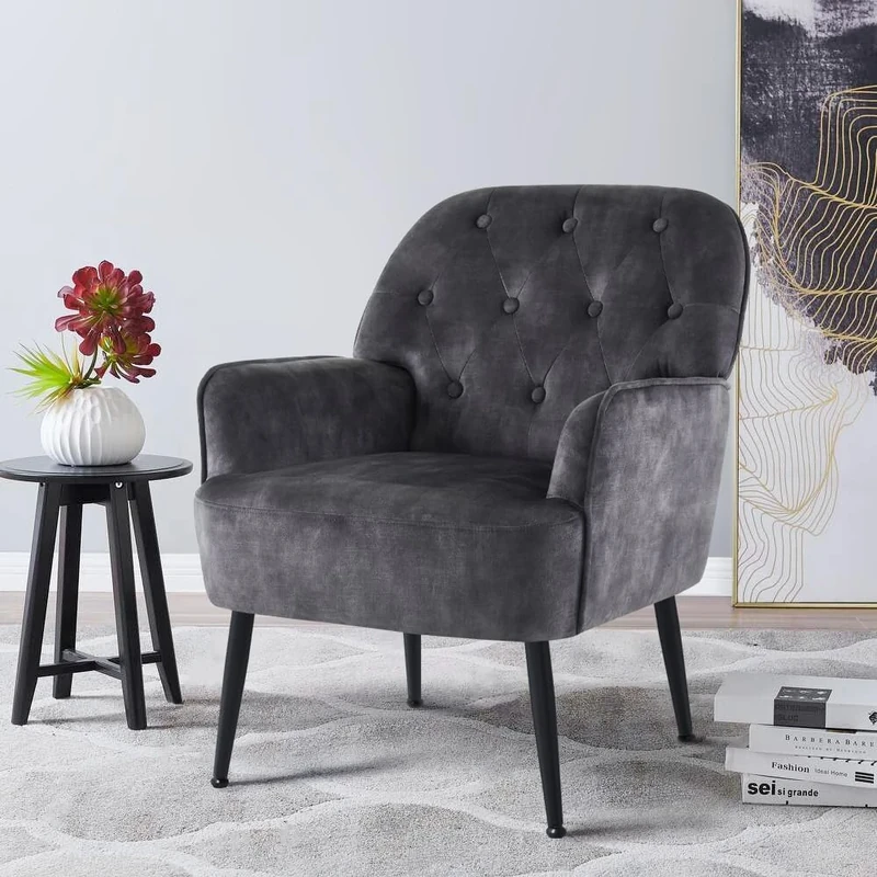 IWMH Armchair for Living Room, Velvet Fabric Accent Chair for Bedroom, Occasional Tub Chairs Reading Chair Comfy Big Mid Century, Metal Legs (Grey)