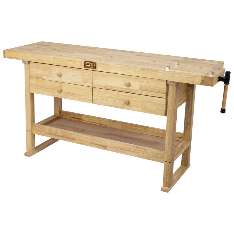 SIP Hardwood Wooden Workbench with 4-Drawer, Shelf & Work Bench Vice 1640 x 500 x 820mm