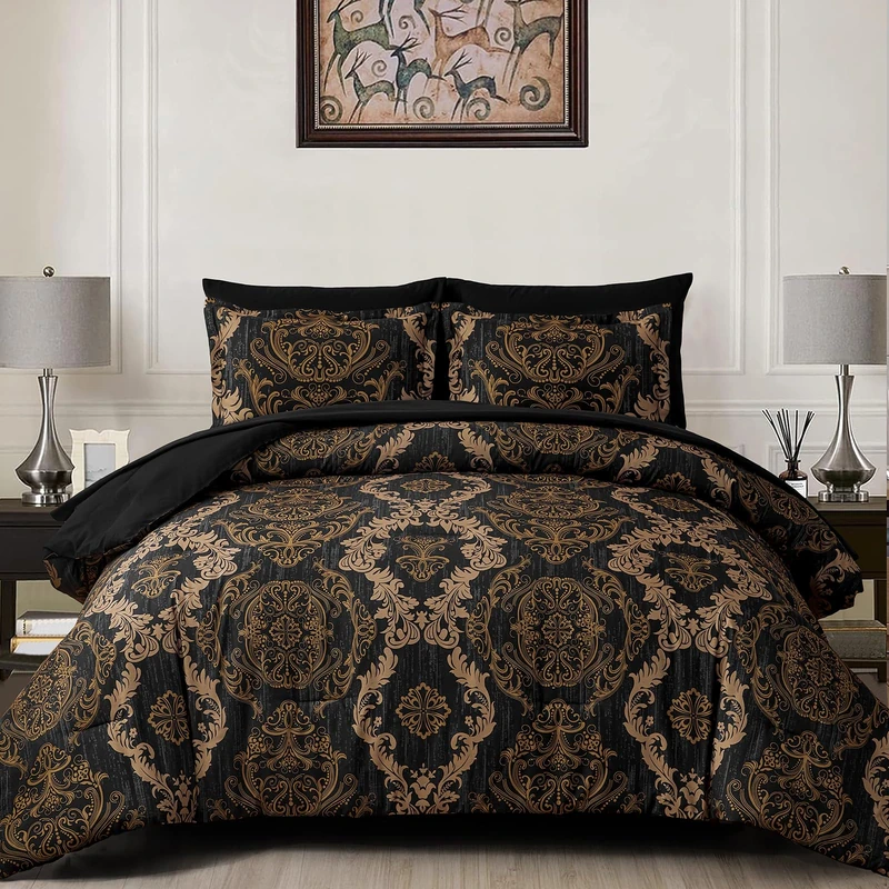 WONGS BEDDING Black Comforter Set King Size, Gold Damask Texture 7 Pieces Bed in a Bag Microfiber Comforter Bedding Sets -1 Comforter, 1 Flat Sheet, 1 Fitted Sheet, 2 Pillow Shams, 2 Pillowcases