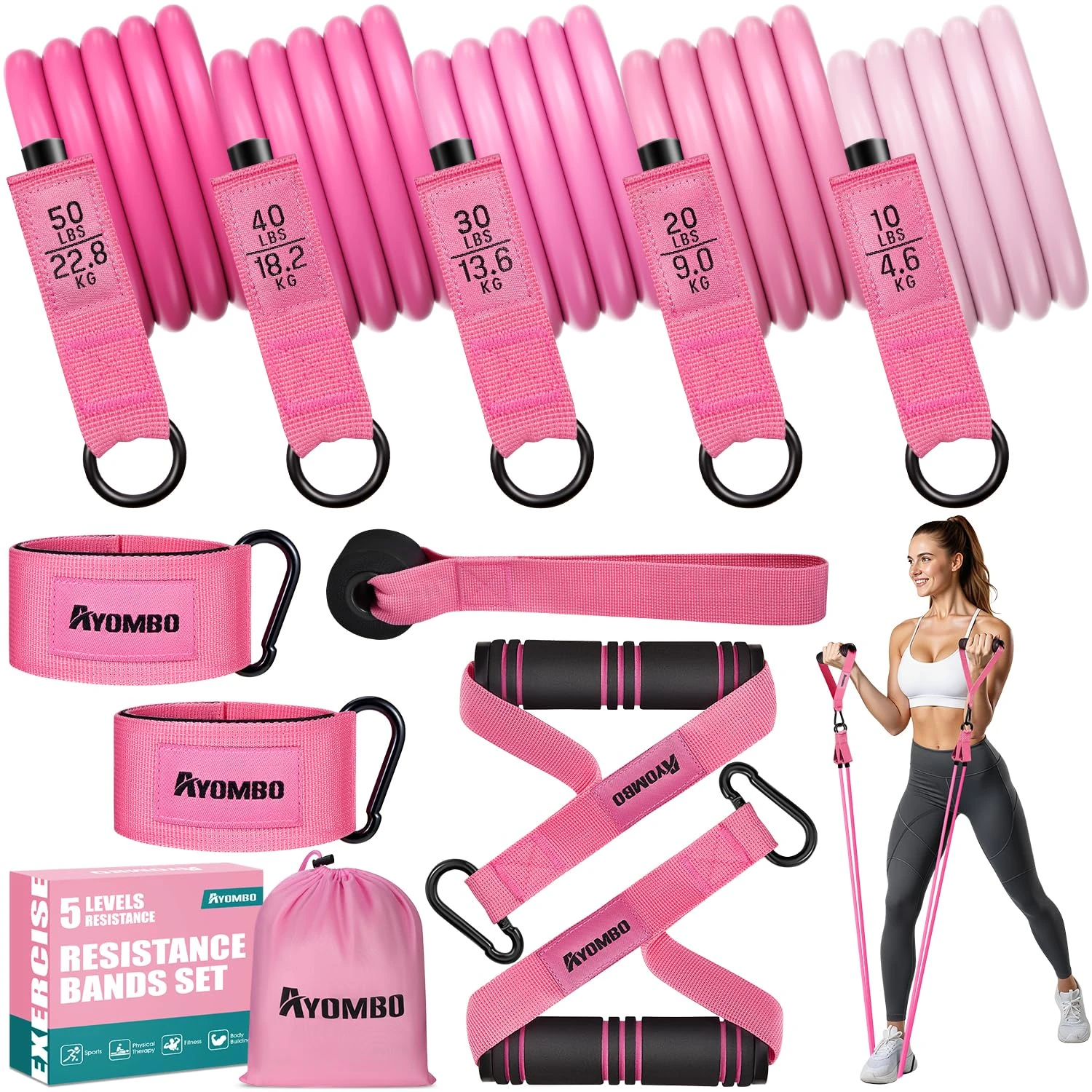 Ayombo Resistance Bands, Exercise Bands with Handles for Women, 5 Level Fitness Workout Bands Set for Yoga, Physical Therapy, Pilates Training, Home Gym Equipment with Door Anchor Ankle Straps