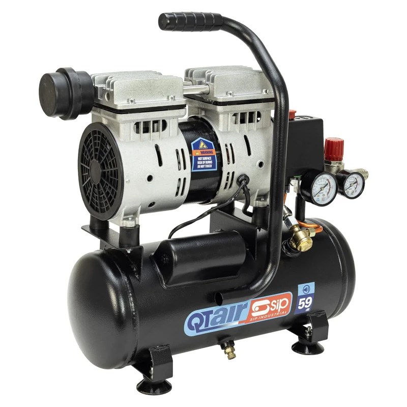 SIP QT Air Compressor Ultra Low Noise Oil-Free Direct Drive, 230V 6L 0.75hp 550W 130psi 9 Bar 2CFM