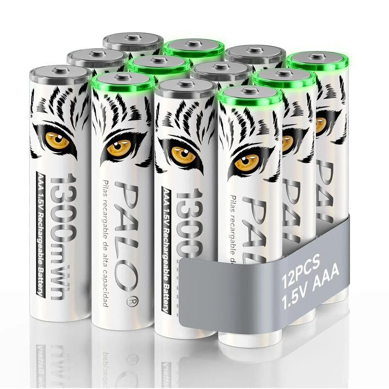 Mspalocell Lithium AAA batteries rechargeable 1.5V 1300mWh, tiger print quick charge AAA batteries, low self-discharge with charging light, 1500+ cycle, 12 pieces battery with battery box