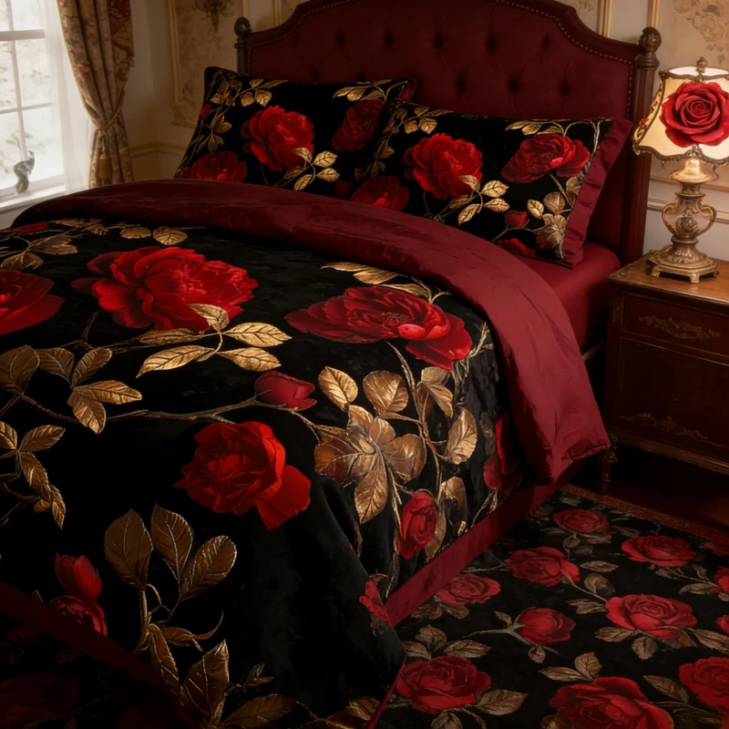 CCoutueChen Vintage Floral Comforter Set Queen Size Luxurious Gold Leaves Bedding for Adult Women B Lack Red Rose Flower Decor Down Comforter with 2 Pillowcases 3Pcs Soft