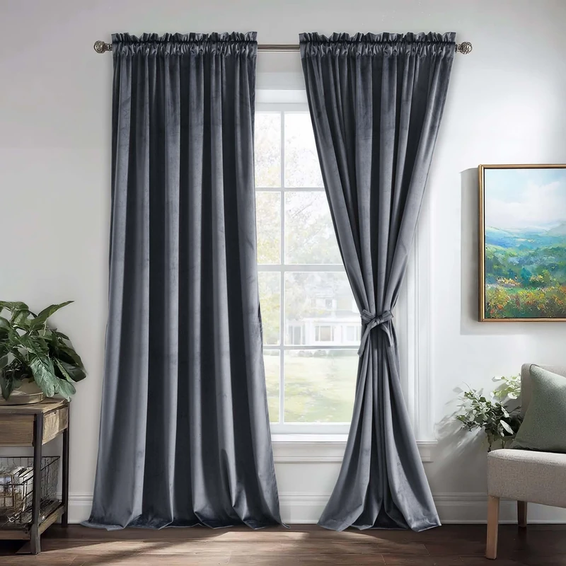JIUZHEN Dark Grey Velvet Curtains 96 inches for Living Room - Thermal Insualted Blackout Room Darkening Rod Pocket Thick Velvet Window Drapes for Bedroom/Dining Room, Set of 2, W52 x L96 inches
