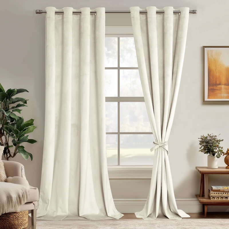 JIUZHEN Ivory Velvet Curtains 108 inches Soundproof Curtains for Living Room - Privacy Protect Room Darkening Grommet Thick Velvet Window Drapes for Bedroom, Set of 2 with Tiebacks, 52W x 108L