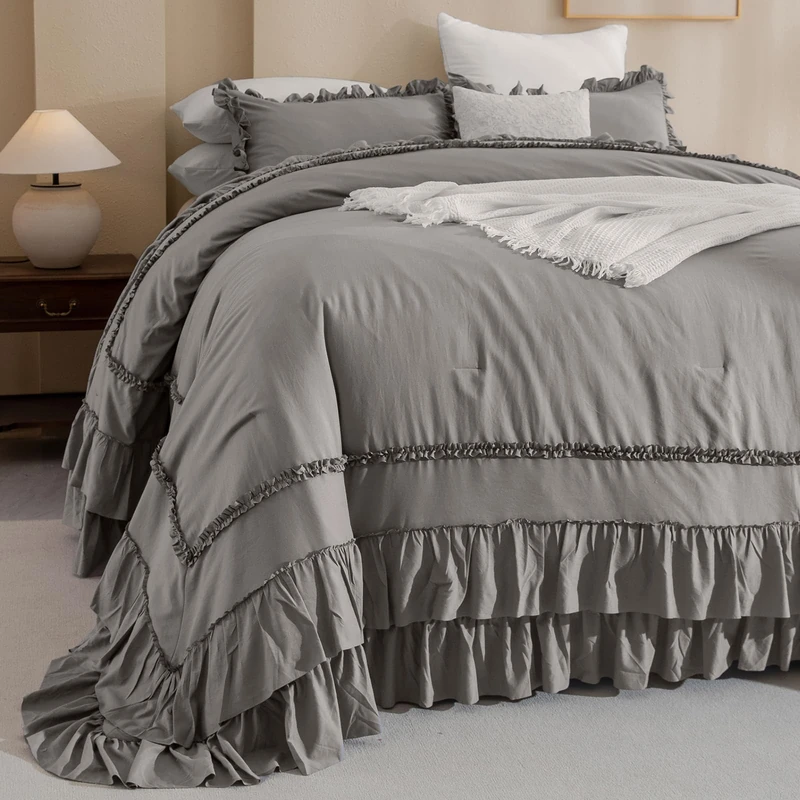 Masaca Grey Oversized King Comforter 120x120,Farmhouse Shabby Boho Chic Gray Ruffled California King Comforter Oversized,Vintage French Country Bedding Comforter with Ruffles for All Season
