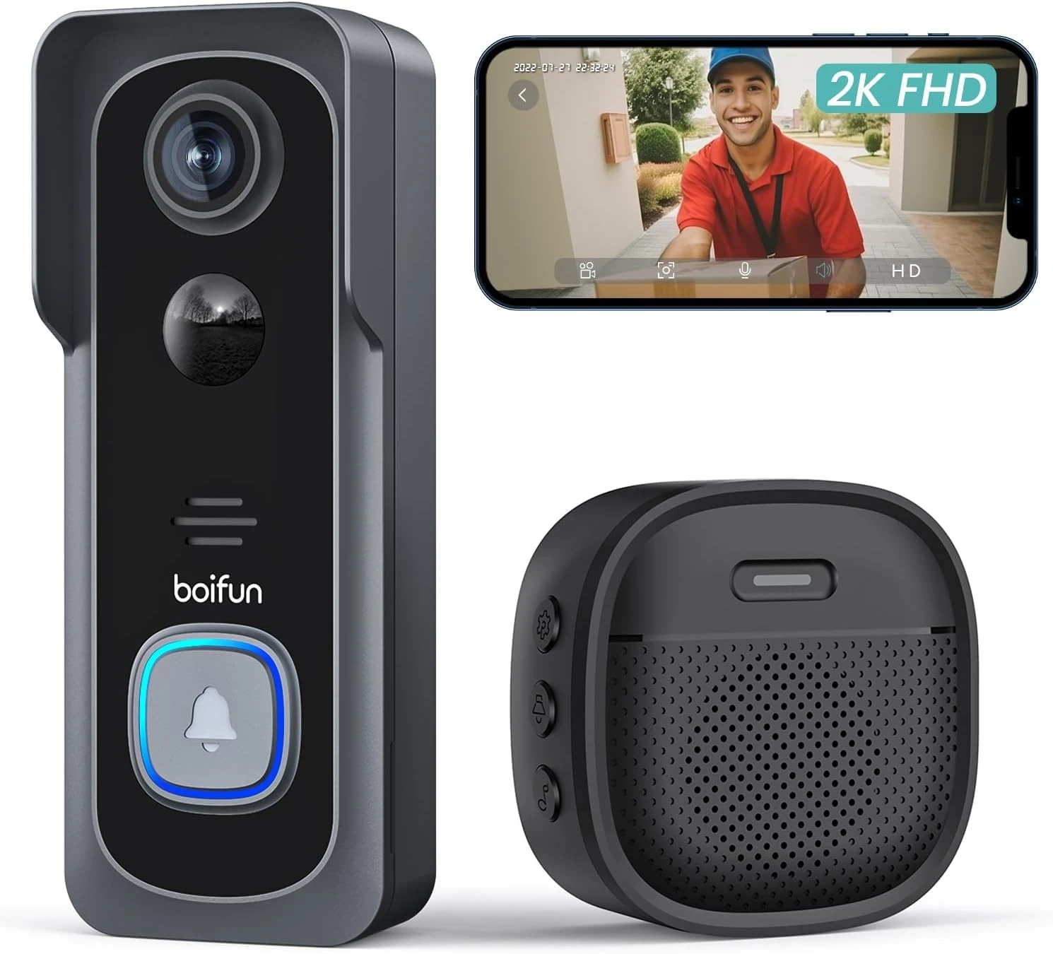 BOIFUN 2K WiFi Video Doorbell Camera Wireless，Smart Outdoor Battery Door Bell with Chime，AI Motion Detection & Wide View Range，2-way Audio，Night Vision，IP66 Waterproof，Support Alexa Connection (J1)