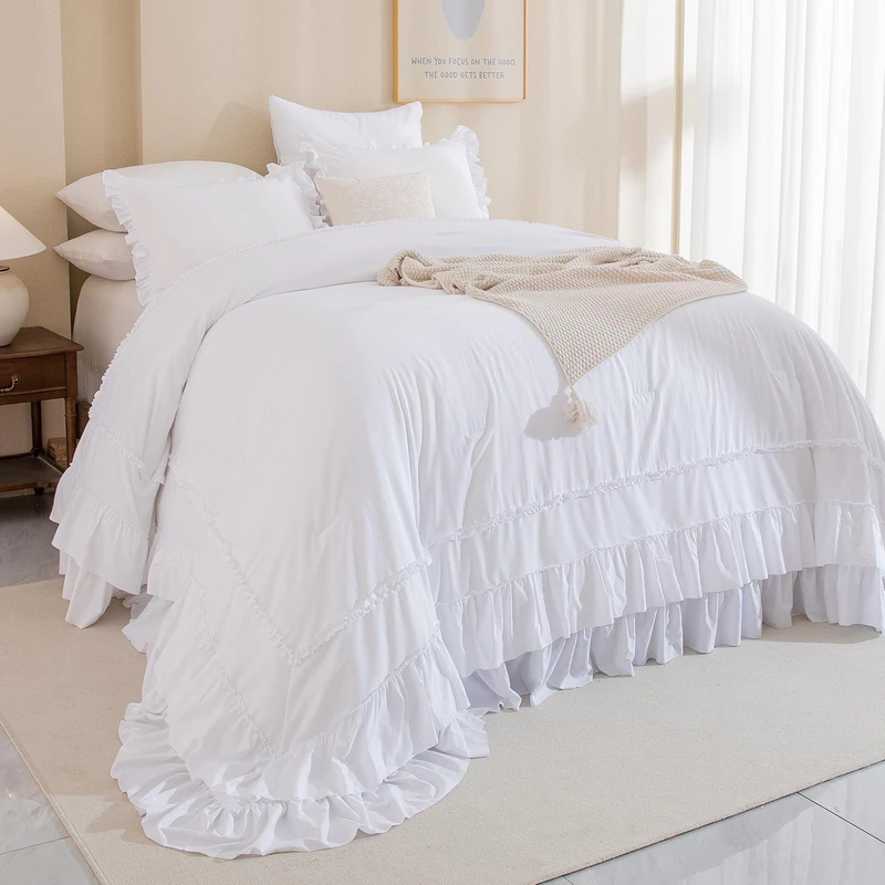 Masaca White Oversized King Comforter Set 120x120,Farmhouse Shabby Boho Chic Ruffle California King Bed Comforter Set French Country Rustic Bedding 3PCS (1 Ruffled Comforter+2 Pillow Shams)