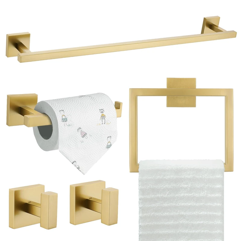TQKAG 5-Piece Bathroom Hardware Set Brushed Gold Classic Wall Mounted SUS304 Stainless Steel Towel Bar Sets Includes 23.6" Single Towel Bar,Toilet Paper Holder,Towel Ring,Double Towel Hooks