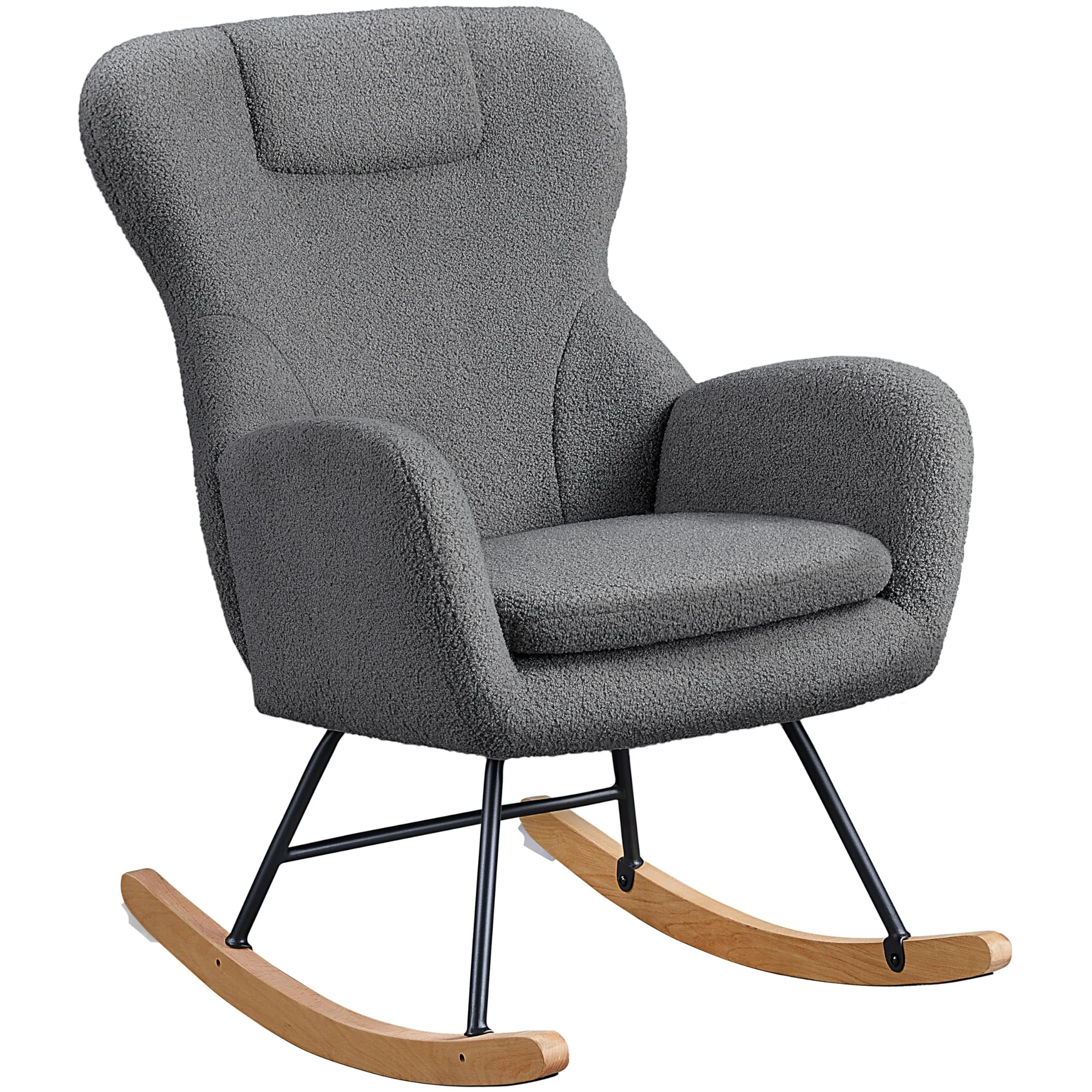 Yaheetech Rocking Chair for Adults, Boucle Fabric Nursing Chair with Metal Legs and Wood Base for Living Rooms Bedrooms Balcony, Dark Grey