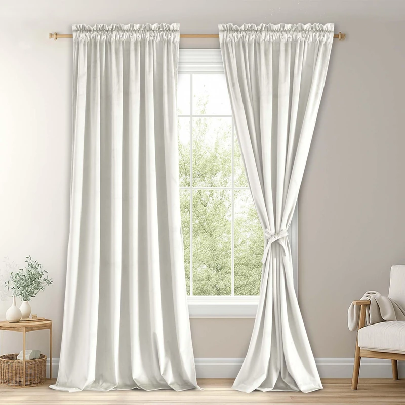 JIUZHEN Ivory Velvet Curtains 108 inches for Living Room - Thermal Insulated Room Darkening Rod Pocket Thick Velvet Window Drapes for Bedroom/Dining Room, Set of 2 with Tiebacks, W52 x L108 inches