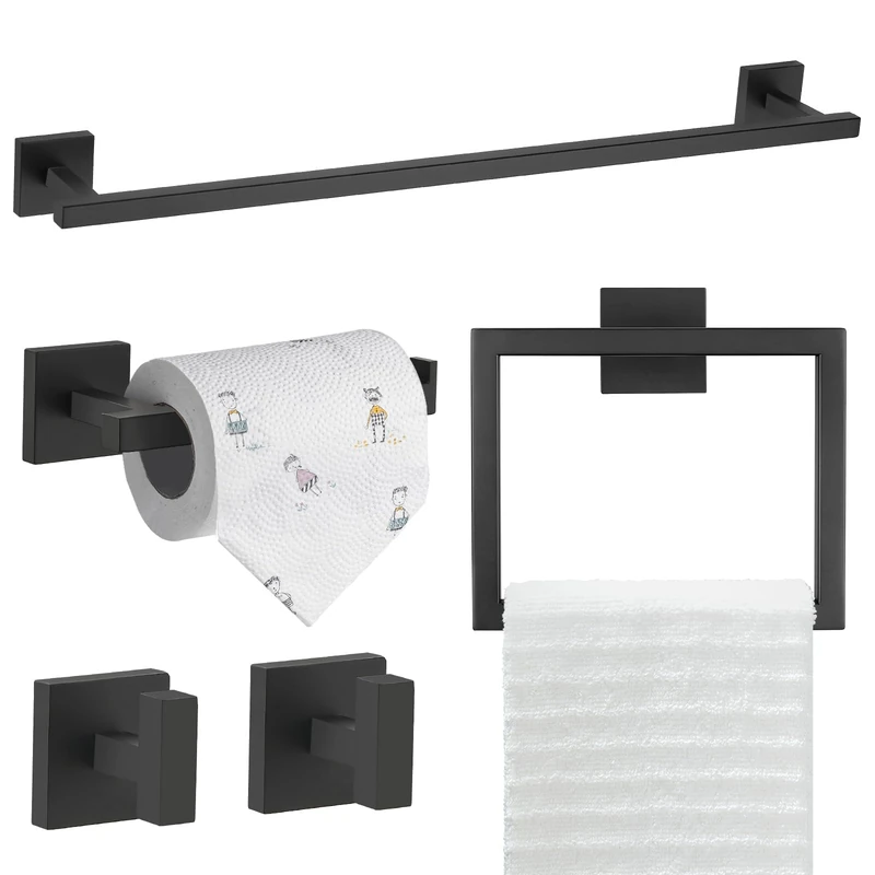 TQKAG 5-Piece Matte Black Bathroom Hardware Set Classic Wall Mounted Bathroom Accessories Set SUS304 Stainless Steel Towel Bar Sets 23.6" Towel Rack for Bathroom Towel Holder Set,Black