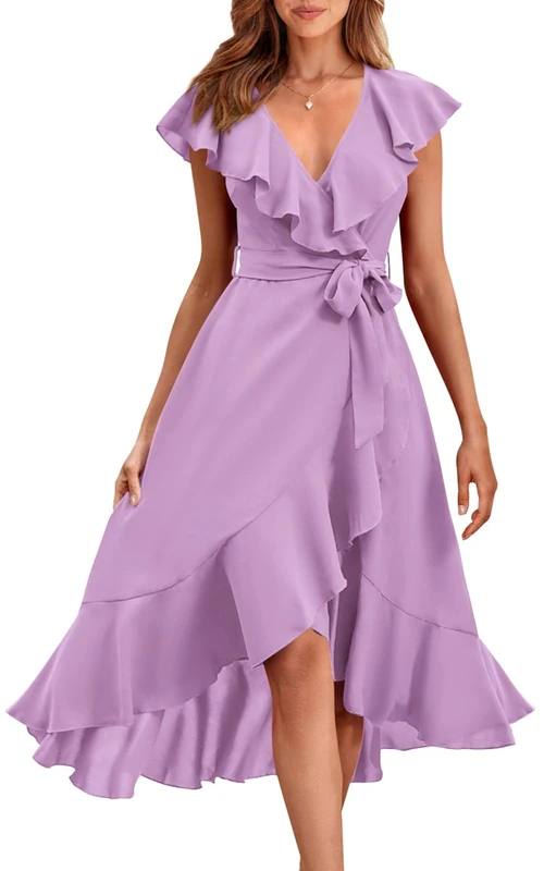 PRETTYGARDEN Women's 2025 Summer Wrap Midi Dress Casual Boho Deep V Neck Short Sleeve Ruffle Hem Split Beach Long Dresses, Purple, L