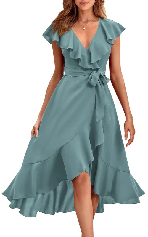 RETTYGARDEN Women's 2025 Summer Cross Midi Dress Casual Boho Deep V Neck Short Sleeve Ruffle Hem Split Beach Long Dresses, Light Lake Blue, XL - Image 1